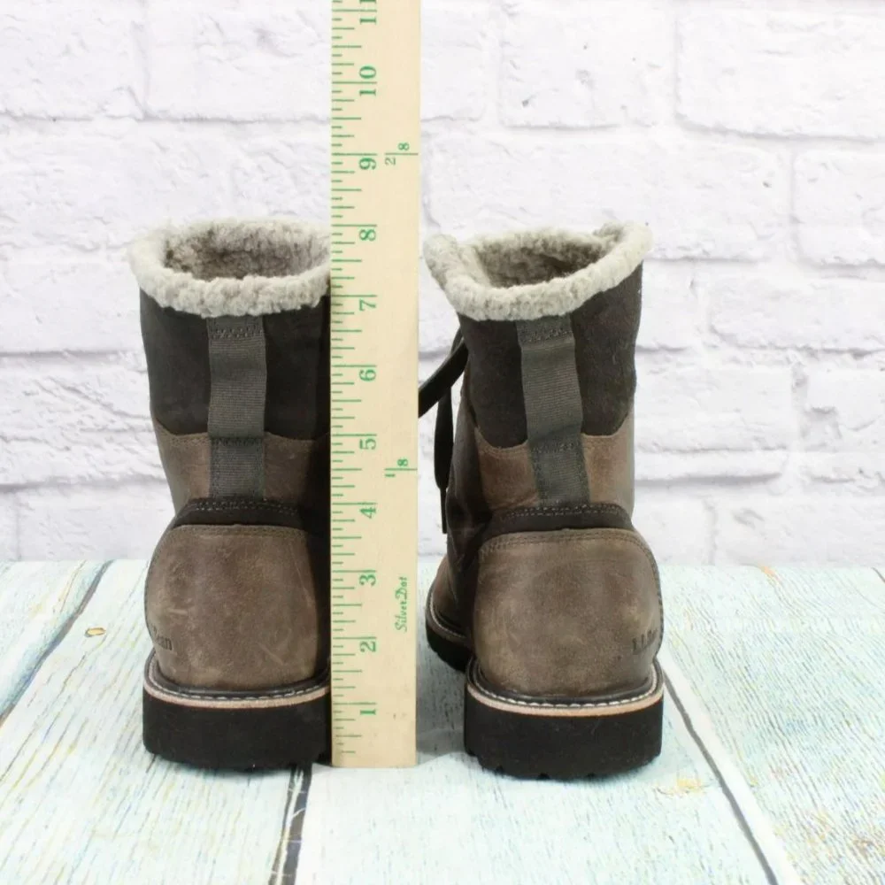 LL Bean Brown Leather Lace Up Rugged Fleece Lined Ankle Winter Boots Size 8.5 - Picture 6 of 9